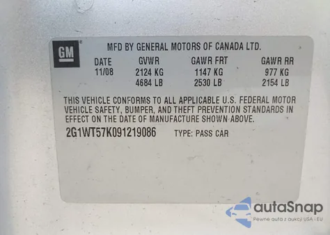 2009 Chevrolet Impala Lt из США, поврежденный, VIN 2G1WT57K691325896